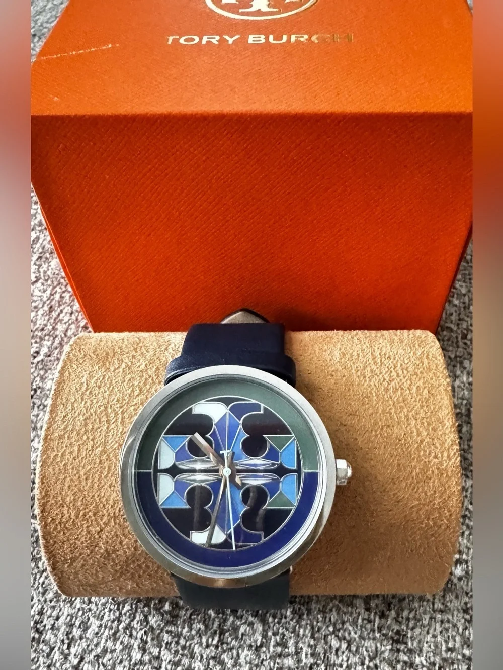 Tory Burch Reva Blue Geometric Dial Watch with Navy Strap